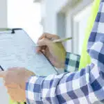 Home inspector checking clipboard at house